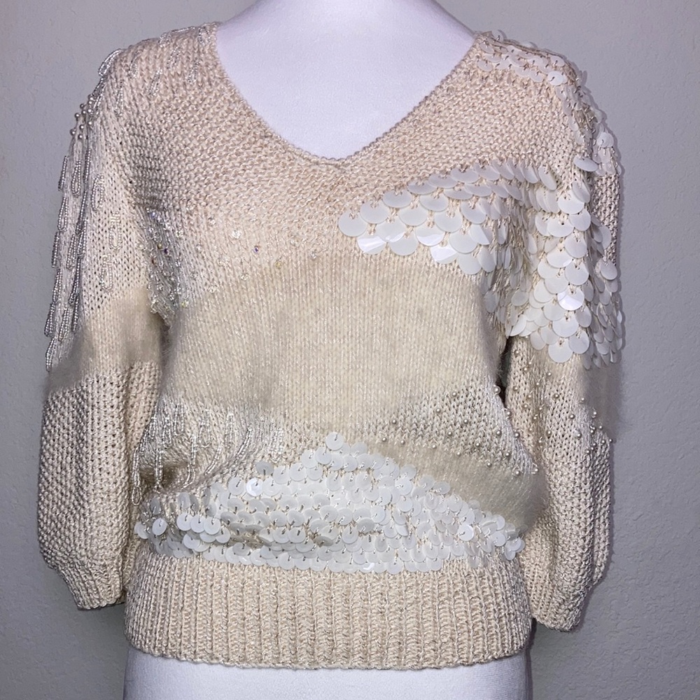 Vintage Gorgeous  Beaded Decorated Crochet Pullover Sweater Wool Angora Blend